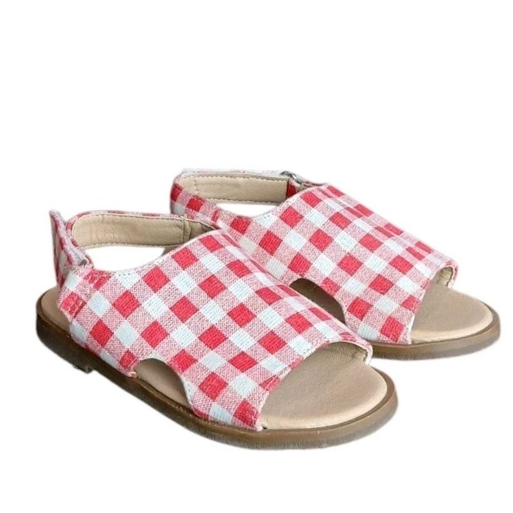 Emerald Red Gingham Toddler Open‎ Sandals Size 22/6  Easy On Checkered Fisherman